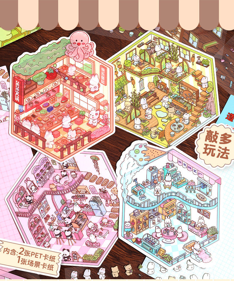 Link 26: 8 Themes Ancient Houses Miniature Scenery Stickers Original Cute Scenery Cottage Cartoon DIY Stickers