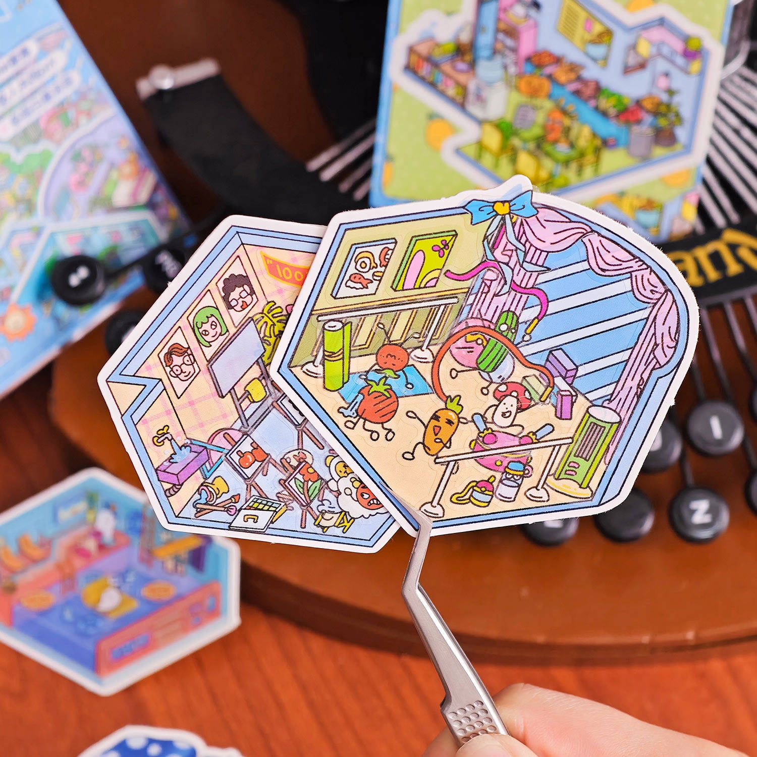 Spooky Cute Mini 3D Scene Stickers shown in playful scenes, perfect for themed decor and creative projects.