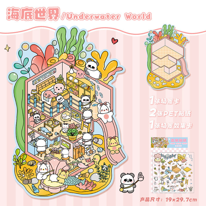 Link 13: 3D Stereoscopic Miniature Scene Stickers - Wedding Shop, Underwater World, Panda Life & Dumpling Shop Themes