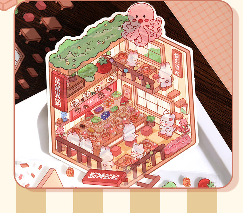 Link 26: 8 Themes Ancient Houses Miniature Scenery Stickers Original Cute Scenery Cottage Cartoon DIY Stickers