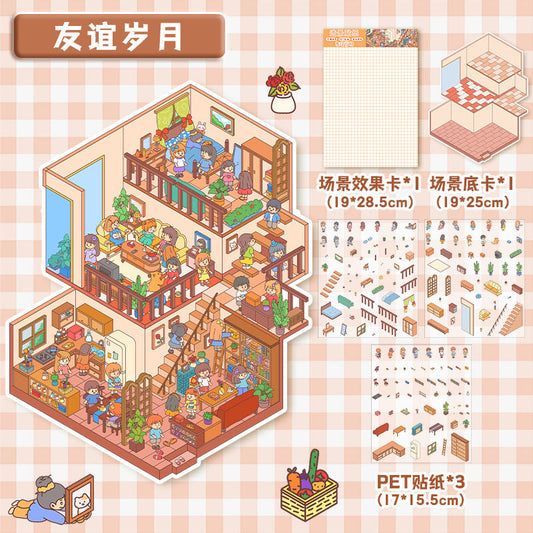 Link 26: 8 Themes Ancient Houses Miniature Scenery Stickers Original Cute Scenery Cottage Cartoon DIY Stickers