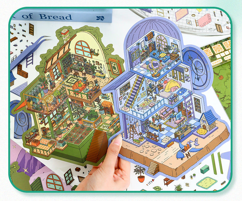 Link 8: 12 Different Themes Scenery Stickers 3D Stereoscopic Cottage Scene Collage Bulidling Journal Stickers Miniature Scene Stickers