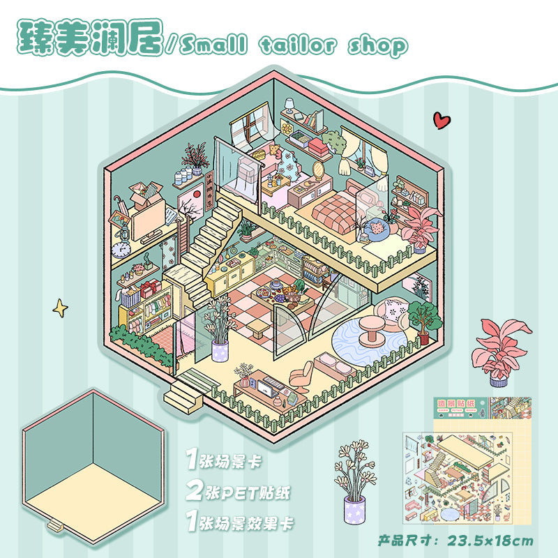 Link 12: 3D Stereoscopic Cottage Journal Stickers Miniature Scene Stickers 12 Places