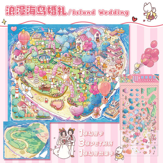 Link 14: 3 Sheets of Stickers Extra Large Landscaping 3D Stickers Romantic Island Wedding Miniature Scene Stickers