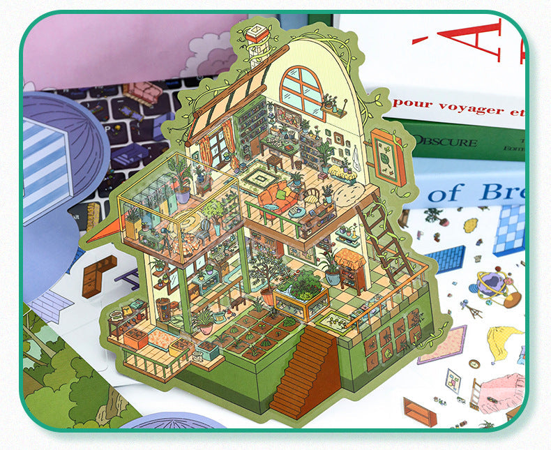 Link 8: 12 Different Themes Scenery Stickers 3D Stereoscopic Cottage Scene Collage Bulidling Journal Stickers Miniature Scene Stickers
