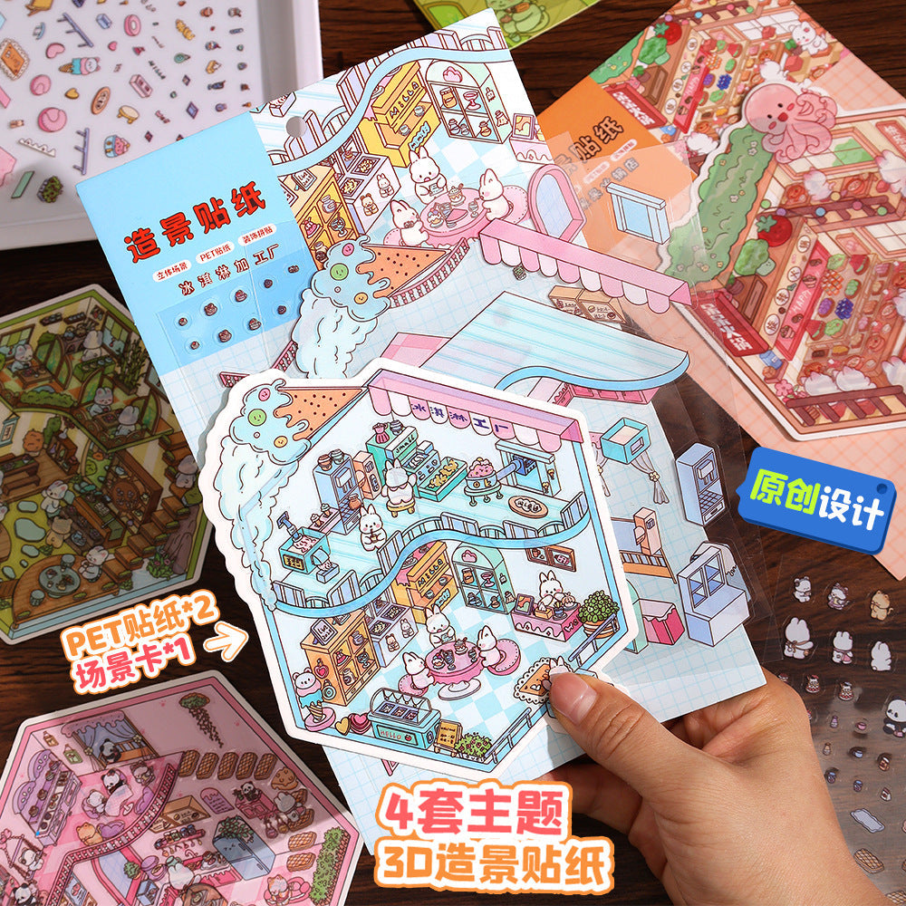 Link 26: 8 Themes Ancient Houses Miniature Scenery Stickers Original Cute Scenery Cottage Cartoon DIY Stickers