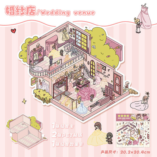 Link 13: 3D Stereoscopic Miniature Scene Stickers - Wedding Shop, Underwater World, Panda Life & Dumpling Shop Themes