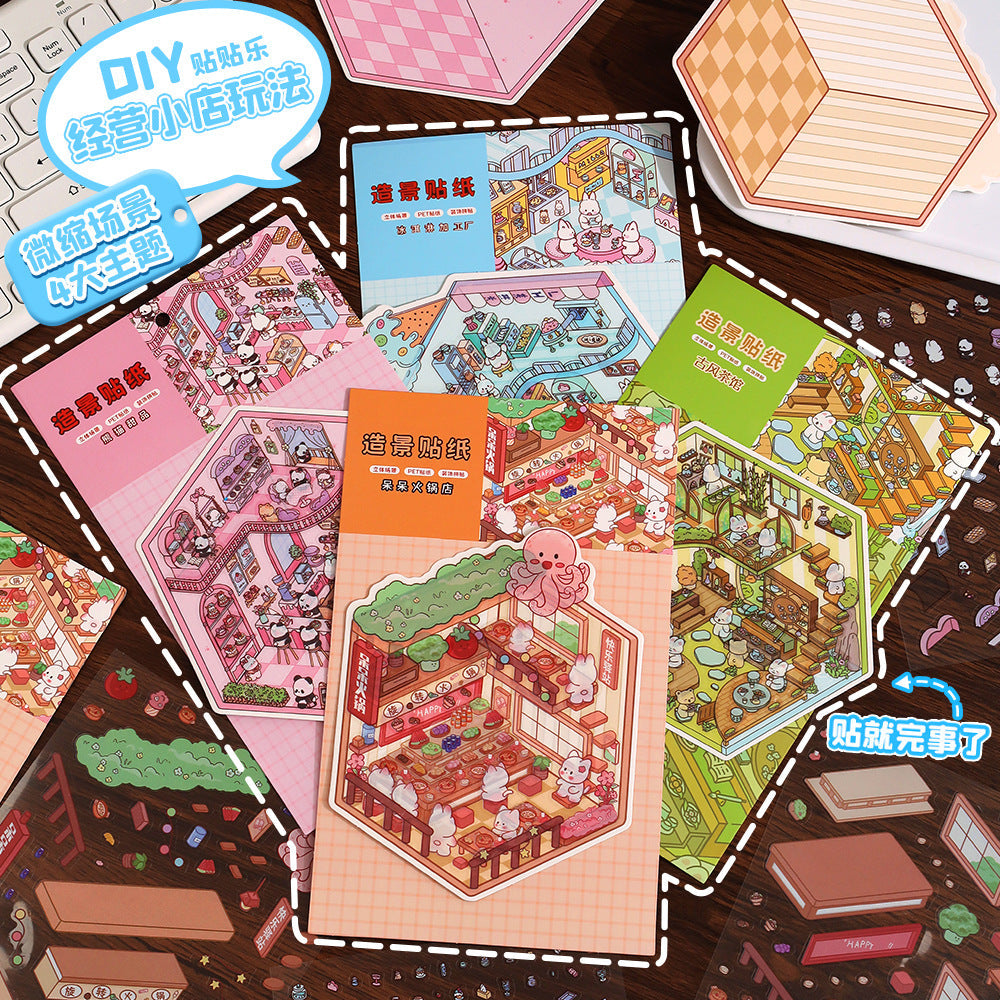 Link 26: 8 Themes Ancient Houses Miniature Scenery Stickers Original Cute Scenery Cottage Cartoon DIY Stickers