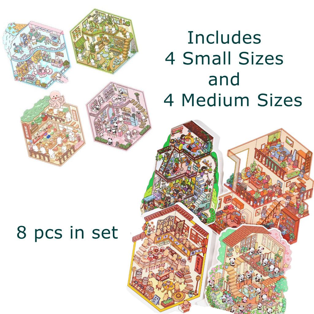 Link 26: 8 Themes Ancient Houses Miniature Scenery Stickers Original Cute Scenery Cottage Cartoon DIY Stickers