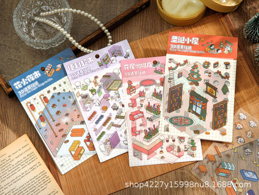 Link 57: Standard Size 3D Scene Stickers Flower Cafe | Convenience Store | Fireworks Night Market | Christmas Cottage