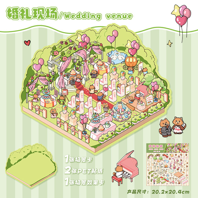 Link 13: 3D Stereoscopic Miniature Scene Stickers - Wedding Shop, Underwater World, Panda Life & Dumpling Shop Themes