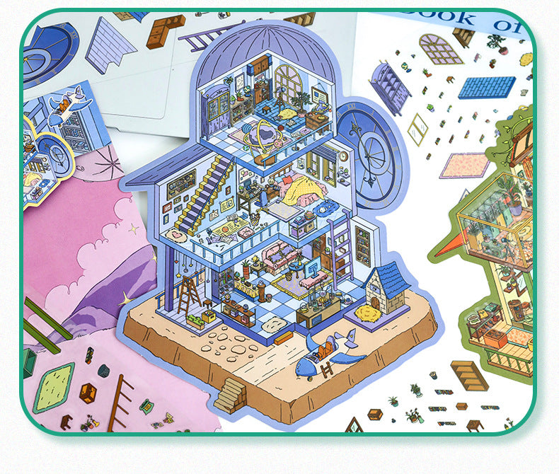 Link 8: 12 Different Themes Scenery Stickers 3D Stereoscopic Cottage Scene Collage Bulidling Journal Stickers Miniature Scene Stickers
