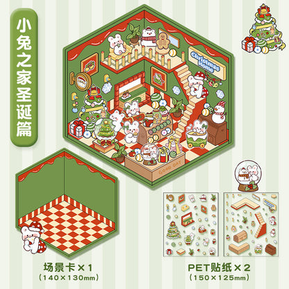 Link 5: 11 Themes Cute Miniature Scene Stickers Cartoon 3D Stereoscopic Cottage Stress Stickers