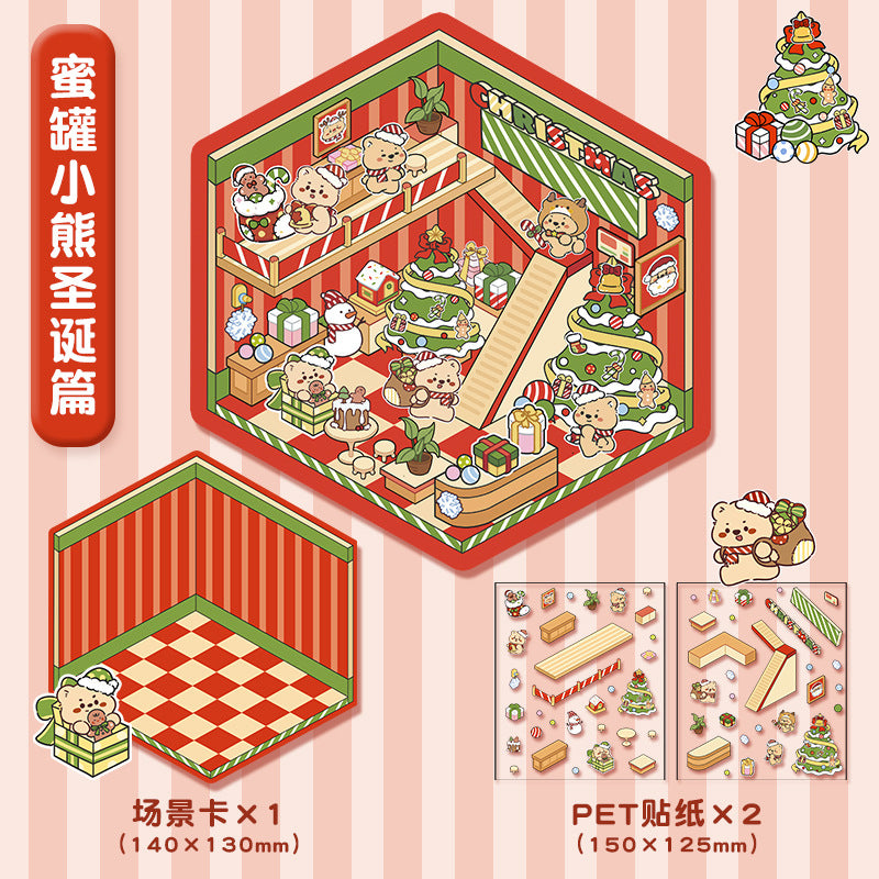 Link 5: 11 Themes Cute Miniature Scene Stickers Cartoon 3D Stereoscopic Cottage Stress Stickers