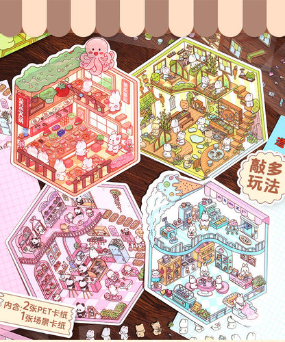 Link 26: 8 Themes Ancient Houses Miniature Scenery Stickers Original Cute Scenery Cottage Cartoon DIY Stickers