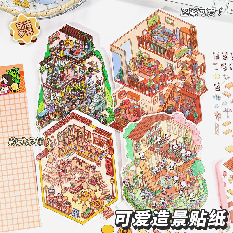 Link 26: 8 Themes Ancient Houses Miniature Scenery Stickers Original Cute Scenery Cottage Cartoon DIY Stickers