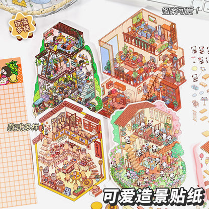 Link 26: 8 Themes Ancient Houses Miniature Scenery Stickers Original Cute Scenery Cottage Cartoon DIY Stickers