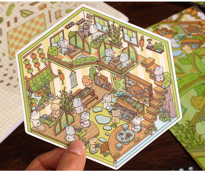 Link 26: 8 Themes Ancient Houses Miniature Scenery Stickers Original Cute Scenery Cottage Cartoon DIY Stickers