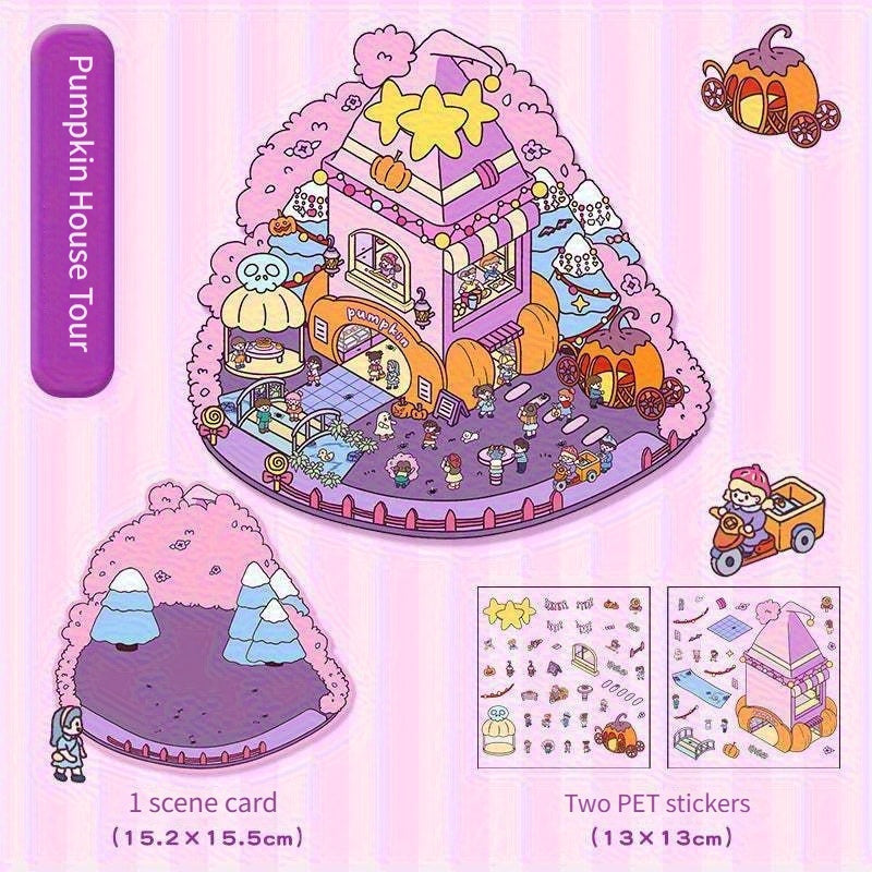 Link 5: 11 Themes Cute Miniature Scene Stickers Cartoon 3D Stereoscopic Cottage Stress Stickers