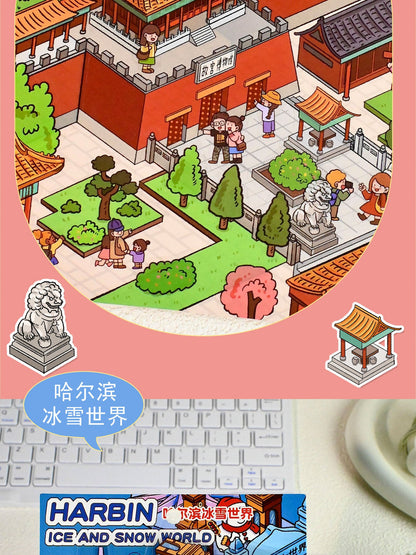 Link 21: 4 City Themes Landscape Stickers 3D Stereo Cottage Collection Stickers