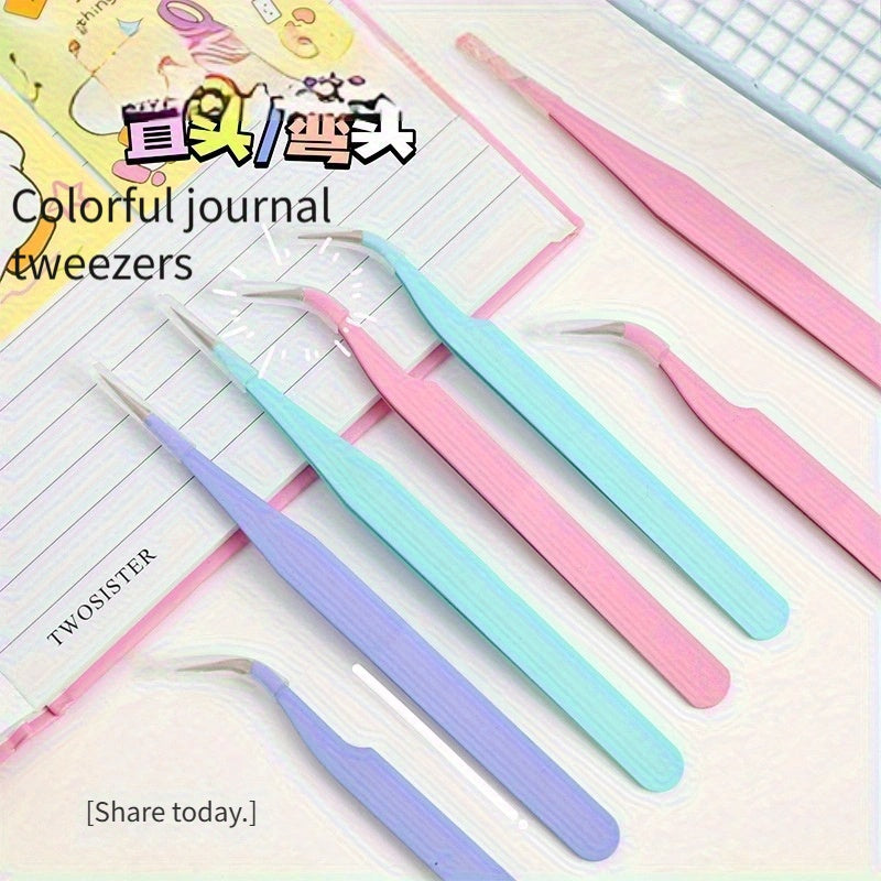 Link 7: Macaron Colorful Journal Tweezers Straight Curved Tips Stickers Handmade Journal Tools Stainless Steel Eyelash Tweezers