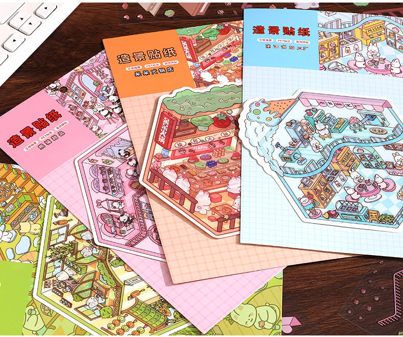 Link 26: 8 Themes Ancient Houses Miniature Scenery Stickers Original Cute Scenery Cottage Cartoon DIY Stickers