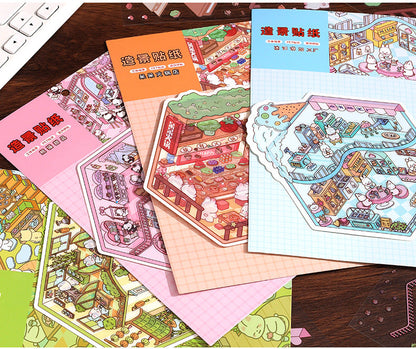Link 26: 8 Themes Ancient Houses Miniature Scenery Stickers Original Cute Scenery Cottage Cartoon DIY Stickers