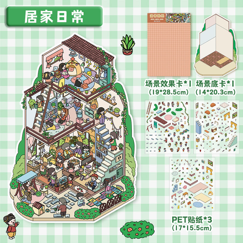 Link 26: 8 Themes Ancient Houses Miniature Scenery Stickers Original Cute Scenery Cottage Cartoon DIY Stickers