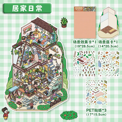 Link 26: 8 Themes Ancient Houses Miniature Scenery Stickers Original Cute Scenery Cottage Cartoon DIY Stickers