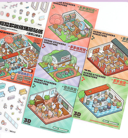 Link23: 4 Themes Mini 3D Scene Sticker Brochure Pack Journal Stickers Scenery Stickers