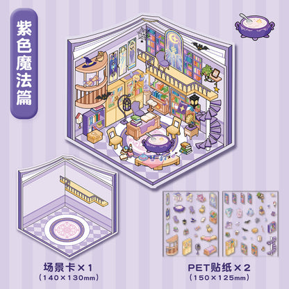 Link 5: 11 Themes Cute Miniature Scene Stickers Cartoon 3D Stereoscopic Cottage Stress Stickers