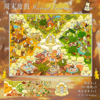 Link 8: 12 Different Themes Scenery Stickers 3D Stereoscopic Cottage Scene Collage Bulidling Journal Stickers Miniature Scene Stickers