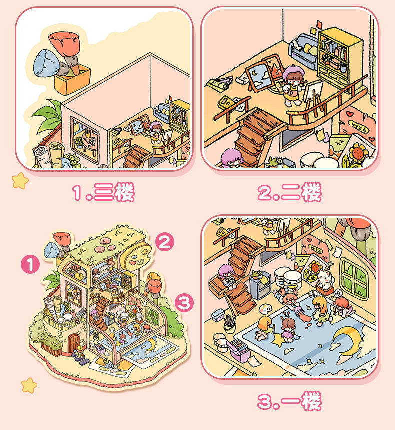 Link 5: 11 Themes Cute Miniature Scene Stickers Cartoon 3D Stereoscopic Cottage Stress Stickers