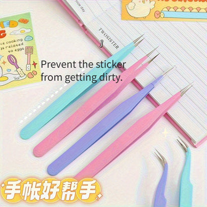 Link 7: Macaron Colorful Journal Tweezers Straight Curved Tips Stickers Handmade Journal Tools Stainless Steel Eyelash Tweezers