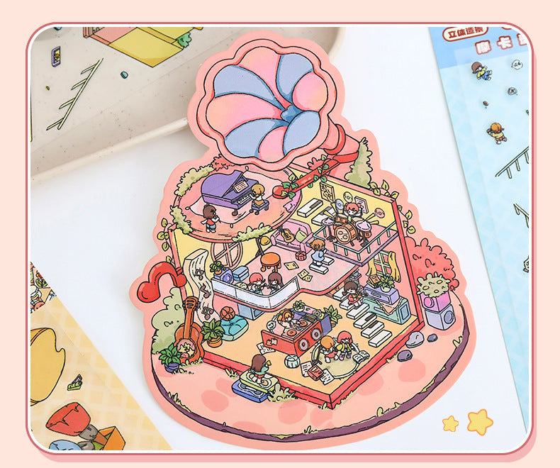 Link 5: 11 Themes Cute Miniature Scene Stickers Cartoon 3D Stereoscopic Cottage Stress Stickers