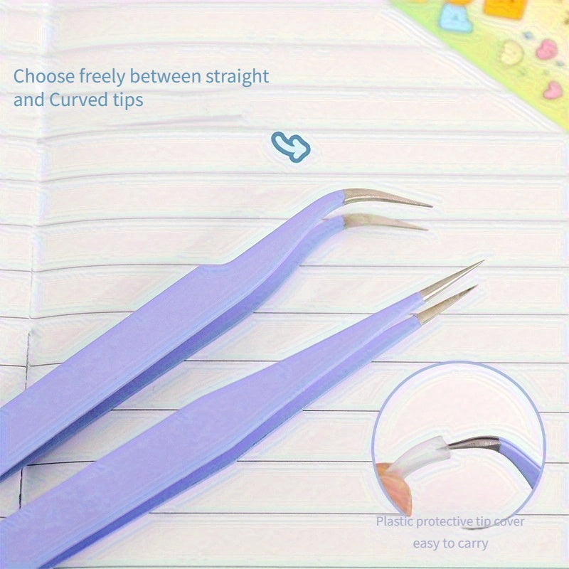 Link 7: Macaron Colorful Journal Tweezers Straight Curved Tips Stickers Handmade Journal Tools Stainless Steel Eyelash Tweezers