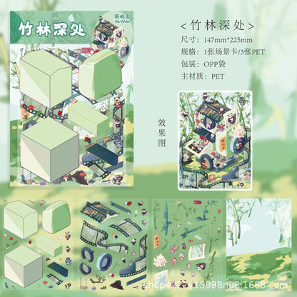 Link 62: Medium Size 3D Scene Stickers Meow Express | Jewelry Box | Health Center | Bamboo Forest | Butter Town