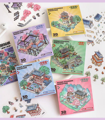 Link23: 4 Themes Mini 3D Scene Sticker Brochure Pack Journal Stickers Scenery Stickers