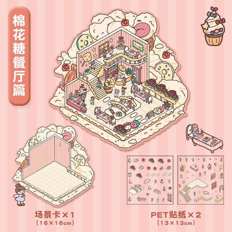 Link 5: 11 Themes Cute Miniature Scene Stickers Cartoon 3D Stereoscopic Cottage Stress Stickers