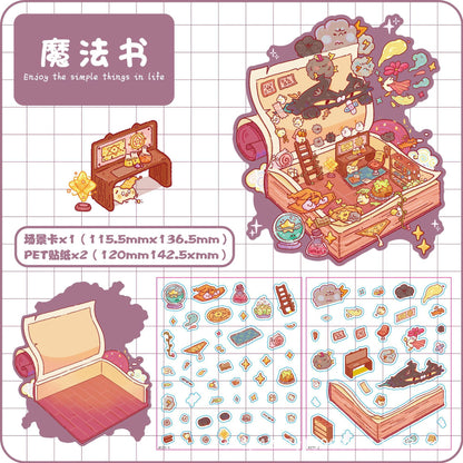 Link 65: Standard Size 3D Scene Stickers Restaurant | Chest | Old Time Signal | Magic Book | Sweet Dream Capsules