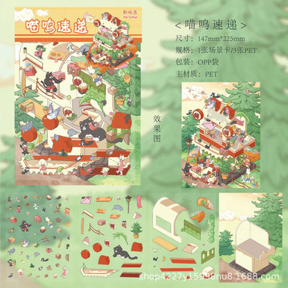 Link 62: Medium Size 3D Scene Stickers Meow Express | Jewelry Box | Health Center | Bamboo Forest | Butter Town