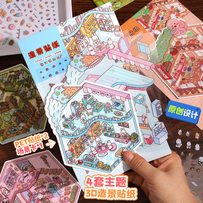 Link 26: 8 Themes Ancient Houses Miniature Scenery Stickers Original Cute Scenery Cottage Cartoon DIY Stickers