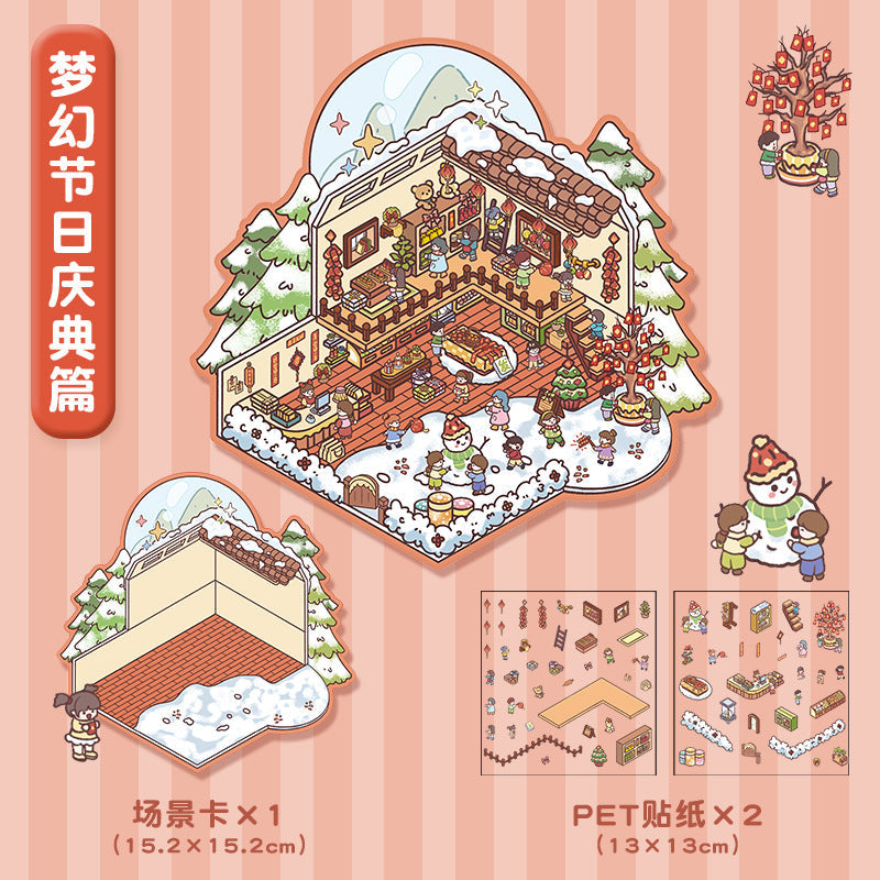 Link 5: 11 Themes Cute Miniature Scene Stickers Cartoon 3D Stereoscopic Cottage Stress Stickers