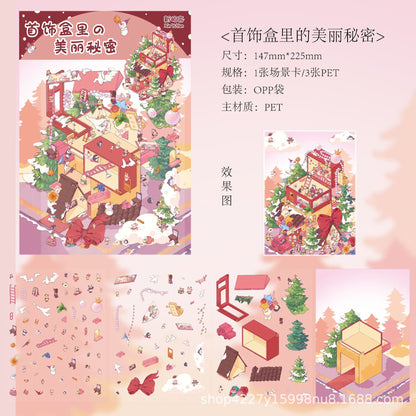 Link 62: Medium Size 3D Scene Stickers Meow Express | Jewelry Box | Health Center | Bamboo Forest | Butter Town